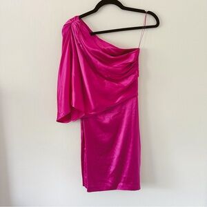 Aidan Mattox Silk Hot Pink Elegant One-Shoulder Mini Dress Ruched Drapey Barbie